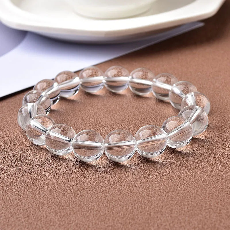 Female white crystal obsidian bracelet polished geometric glass beads 8mm to 14mm unisex