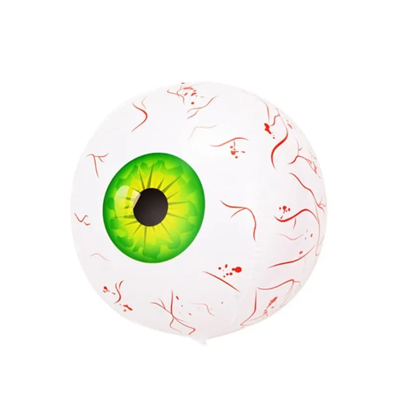 Large inflatable Halloween eyeball balloon with red bloodshot design on a white background