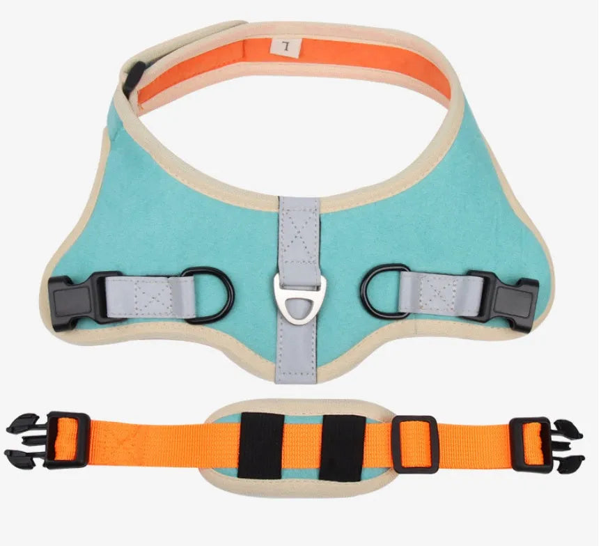 Suede dog harness adjustable chest strap in blue, dark blue, grey, red, sizes S to XL