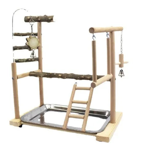 Parrot play stand with Pepper Wood pole and multiple metal platforms.