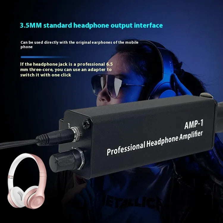 XLR headphone volume adjustment converter, AMP1 model, 9.6 × 2.6 × 3.15 cm, with adapter and manual