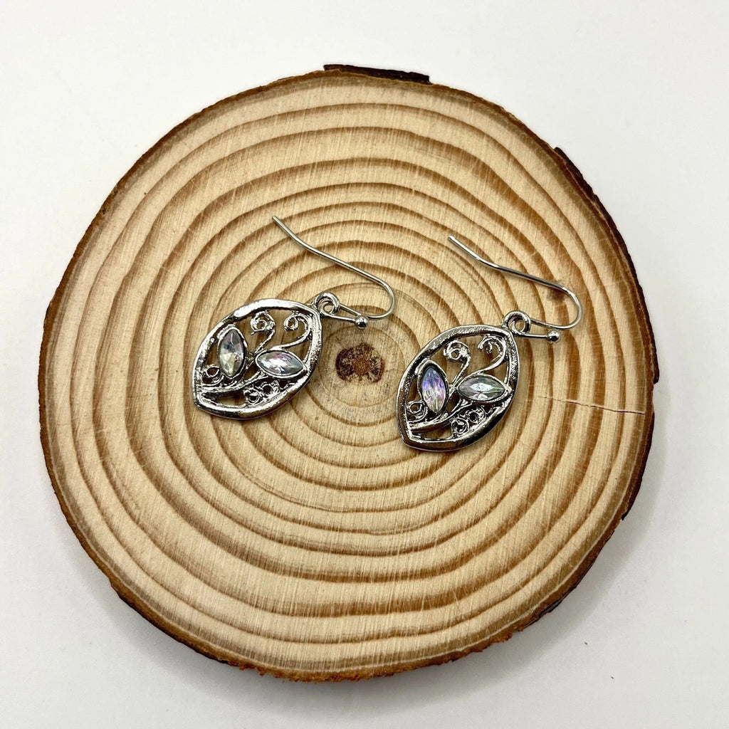 Women's silver leaf earrings with colourful embedded moonstones and alloy construction