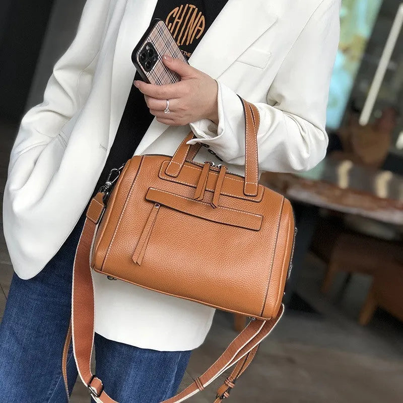 Men's horizontal square leather messenger bag with litchi pattern, shown in elephant grey with shoulder strap.