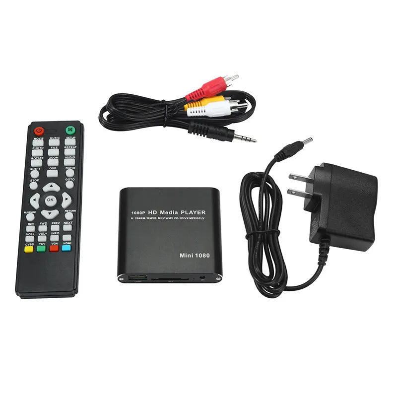 Blue and black 1080p HDMI media player for SD cards, USB drives, and external hard drives