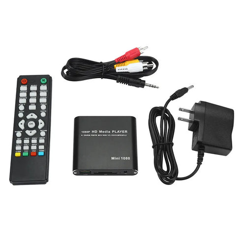 Blue and black 1080p HDMI media player for SD cards, USB drives, and external hard drives