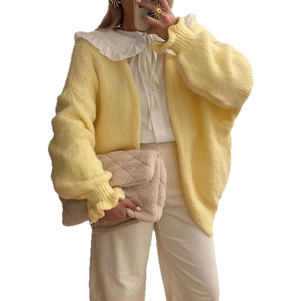 Solid yellow polyester long-sleeved casual shirt with regular sleeves, front view