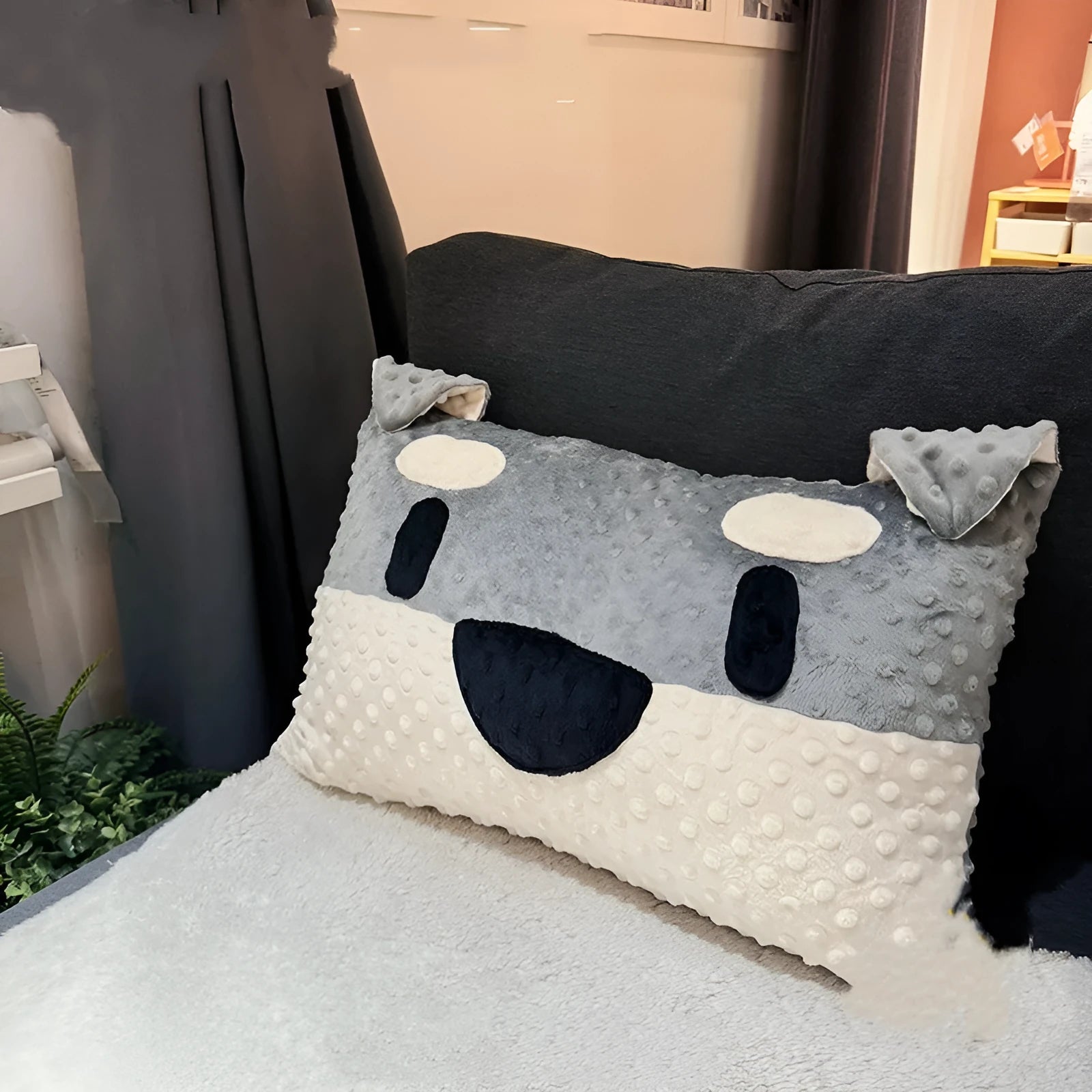 West Highland puppy pillow showing grey schnauzer design on blended fabric cushion
