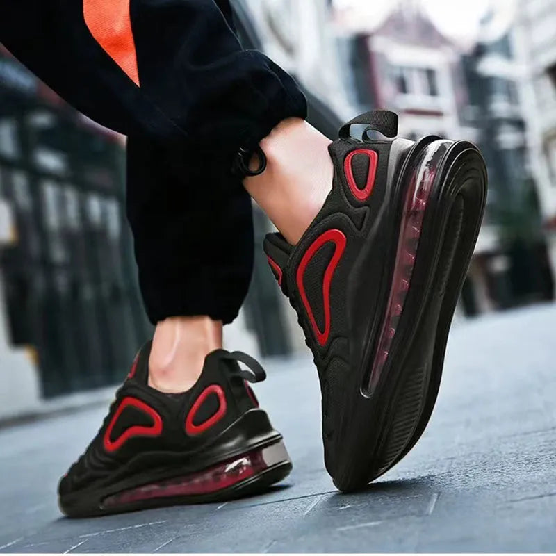 Men's black air cushion running sneakers with lace-up design and thick sole
