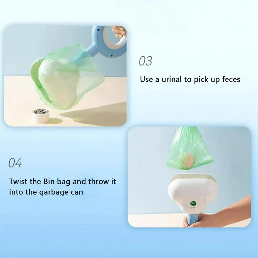 Blue and yellow dog pooper scooper with cloud-shaped jaw and ergonomic grip