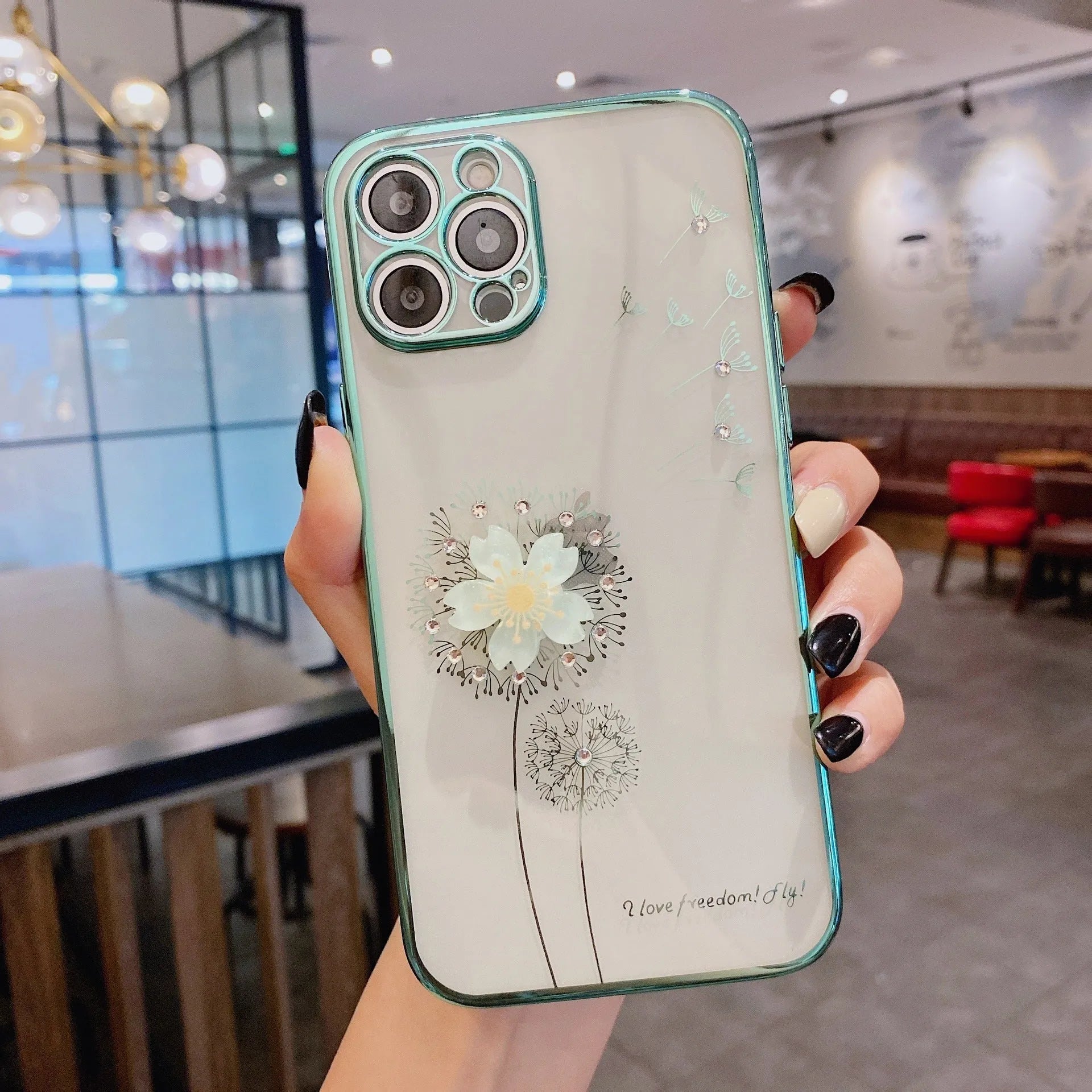3D cute flower spin stand phone case for iPhone in green purple rose gold silver colours showing built-in screen protector