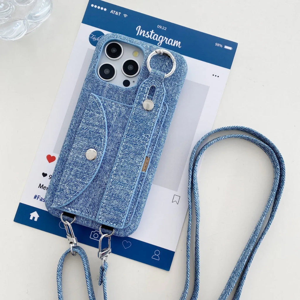 Denim pattern feilin phone case with wrist strap and crossbody bag for iPhone, in blue or white.