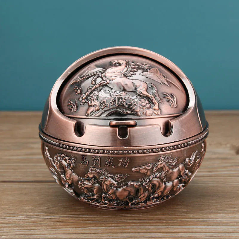 Bronze decorative ashtray with smoke extinguishing slot featuring traditional dragon design