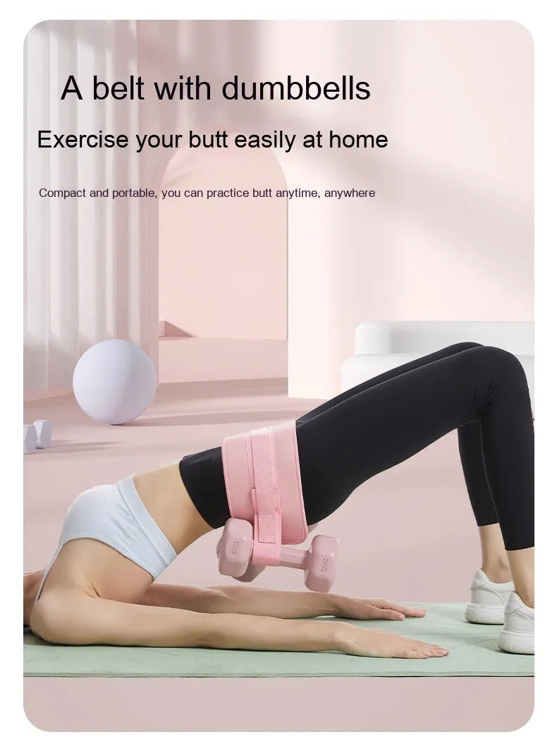 Black hip bridge training belt worn during dumbbell exercise