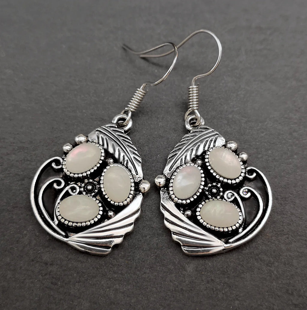 Antique silver leaf feather and shell moonstone drop earrings, 41mm x 20mm alloy retro style