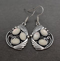 Antique silver leaf feather and shell moonstone drop earrings, 41mm x 20mm alloy retro style