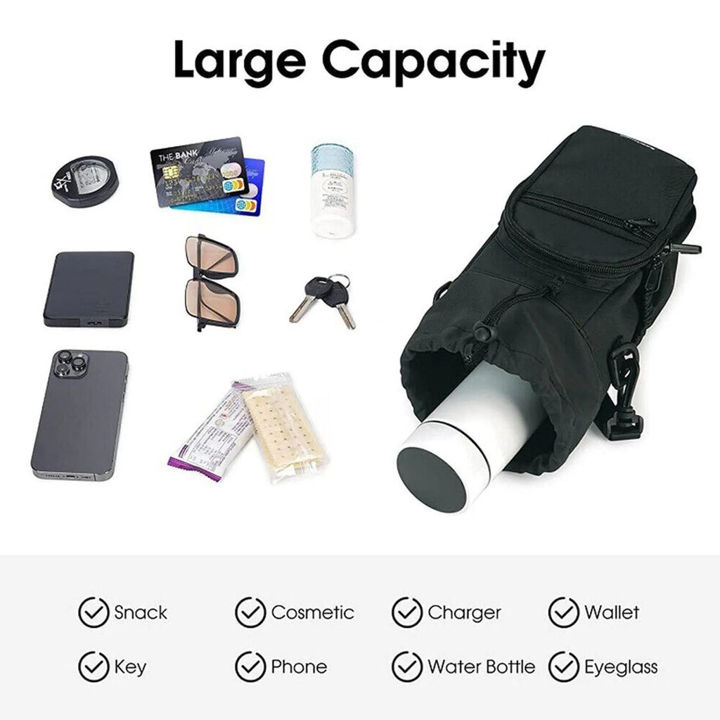Cloth water bottle crossbody shoulder bag in black, green or pink colours with adjustable strap