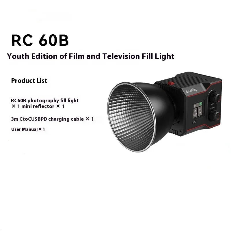 RC60B 60W dual colour temperature fill light with softbox, handle, support column, charger, and 2m light holder