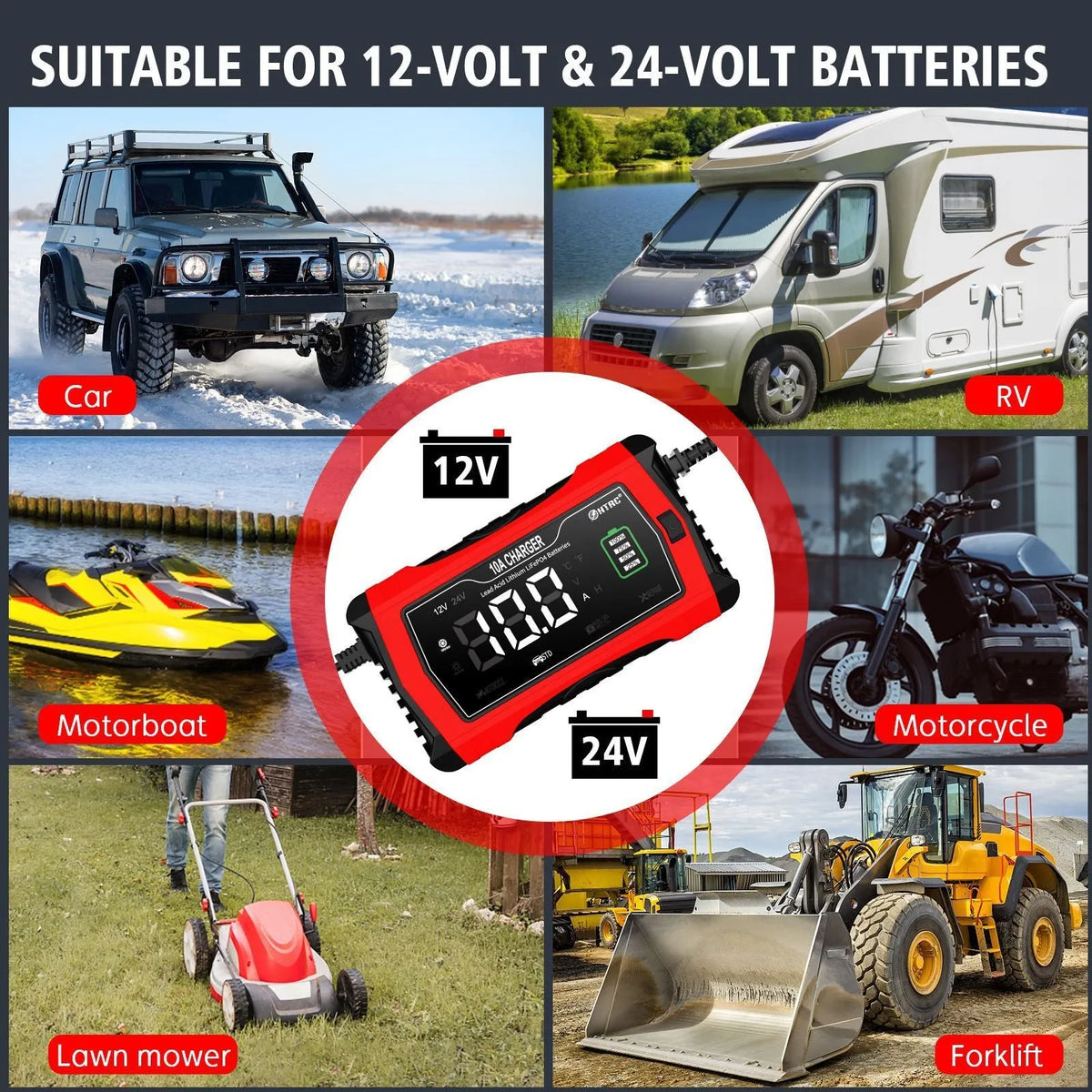 Fiberglass car motorcycle storage battery charger in red and black with EU power supply and blue full-charge indicator