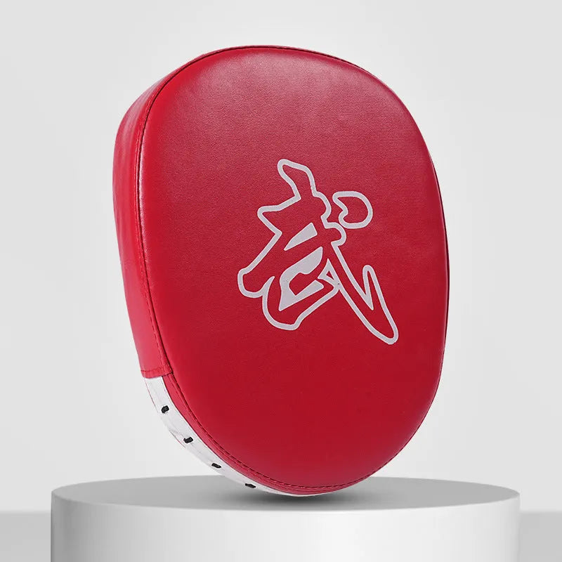 PU leather boxing punch mitts for martial arts training in red, black, blue, and yellow colour options.