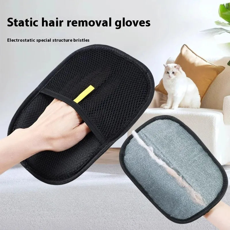 Black pet hair remover mitt glove with dual-sided silicone brush on breathable mesh material