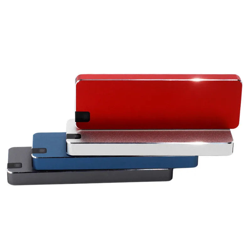 External metal SSD hard drive with USB 3.1 cable in black grey, blue, red, or silver