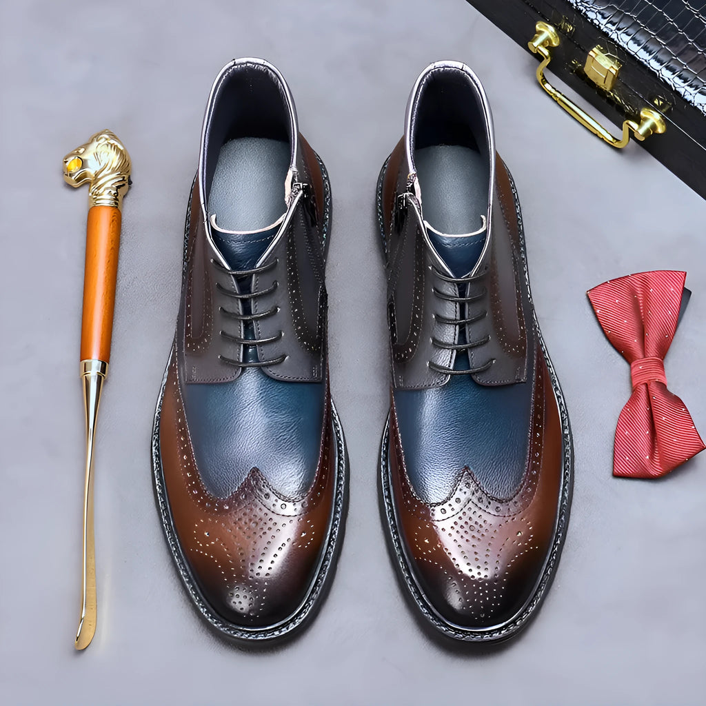Men's coffee blue leather brogue boots with carved stitching and low square heel