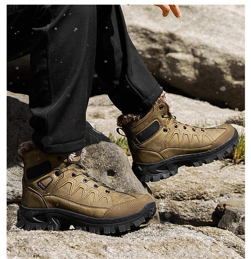 Men's plus size high top outdoor cotton shoes in black, cold-resistant cowhide upper, rubber sole, sizes 40-48