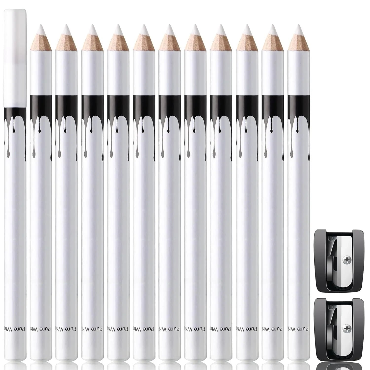 12 white and black waterproof eyeliner pencils with sharpener in retractable multi-purpose makeup set