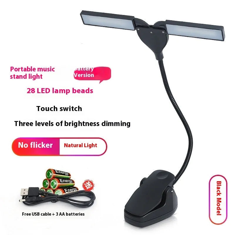 Black music stand light with 28 LED beads clipped to metal music stand
