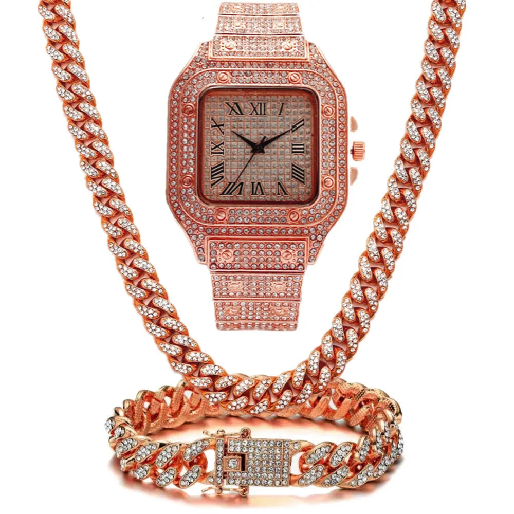 Roman grain graduation quartz watch set with bracelet and necklace in gold, rose gold or silver finish