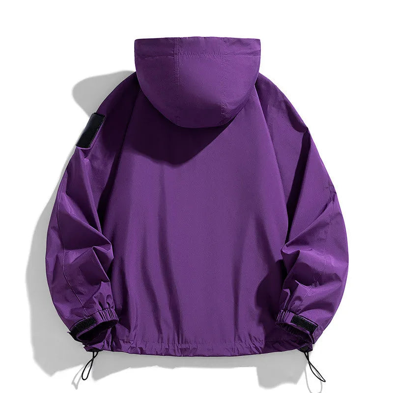 Men's hooded windproof waterproof jacket in chemical fibre blend available black purple ginger yellow