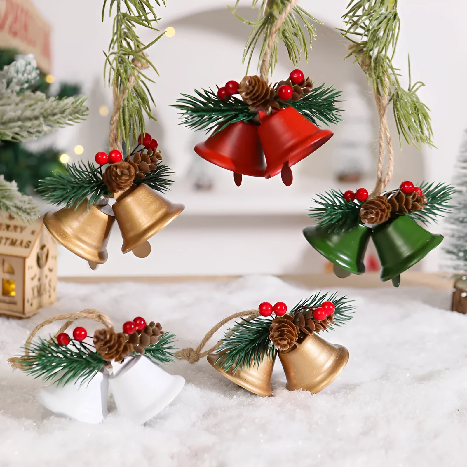 Mori style double bell Christmas pendant in gold colour made from wrought iron