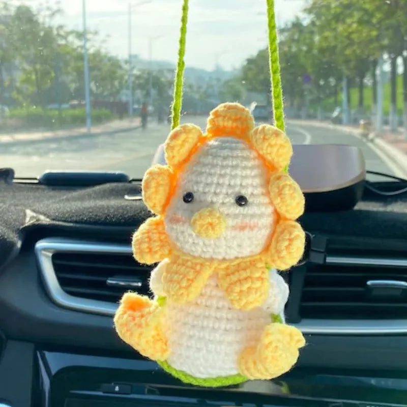 Green and white knitted wool macramé car air plant holder with hanging cord