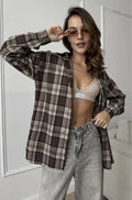 Women's dark brown retro striped long sleeve cotton shirt with regular fit and optional pocket detail