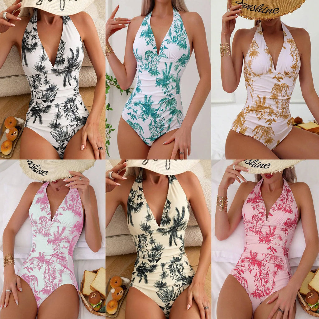 Women's printed V-neck one-piece swimsuit in polyester fabric available in multiple colours and sizes S to XXL