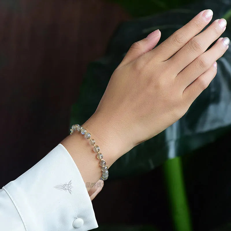 14K gilded natural crystal blue moonstone bracelet with 6mm stones and metal detailing
