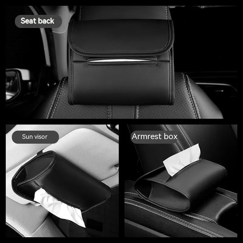 Brown leather car tissue box with elastic strap hanging on a car armrest