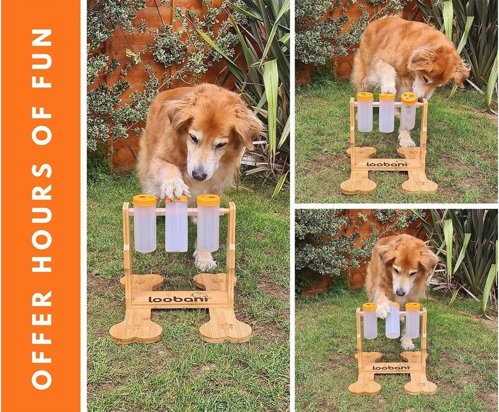 Wooden dog puzzle toy interactive snack dispenser feeder measuring 31x30x20cm dimensions