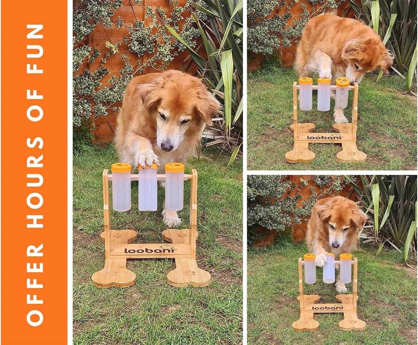 Wooden dog puzzle toy interactive snack dispenser feeder measuring 31x30x20cm dimensions