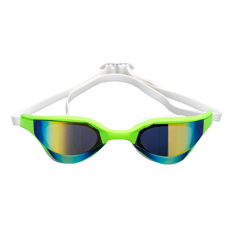 Racing style swimming goggles with anti-fog lenses and adjustable nose bridge on a blue background.