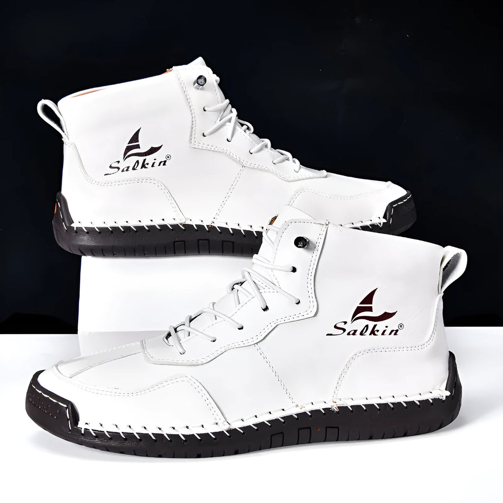 Beige high-top retro casual boots with elastic band and flat rubber sole.