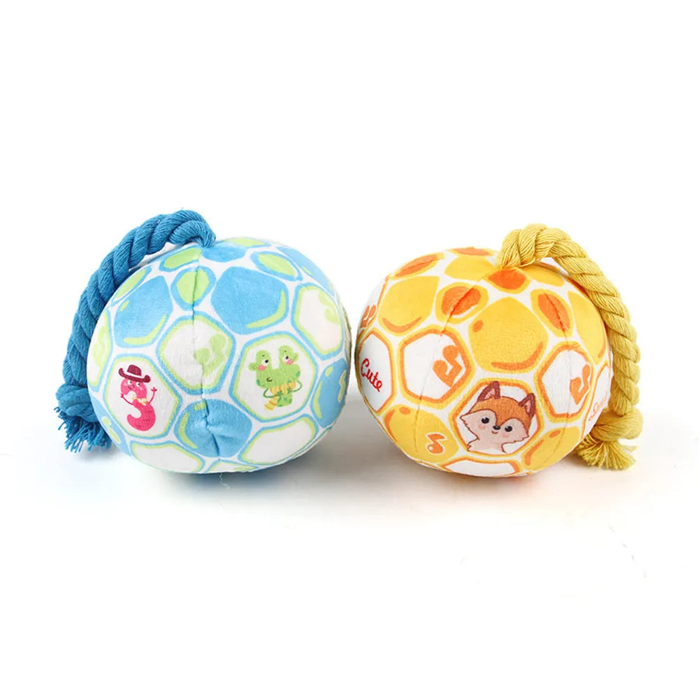 Blue and yellow dog football tug toy with cotton rope ball and cartoon face design