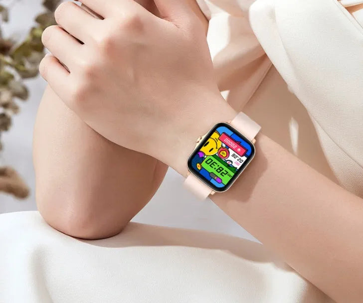 Smart watch with blue strap and 1.7-inch colour touch screen displaying time and heart rate.