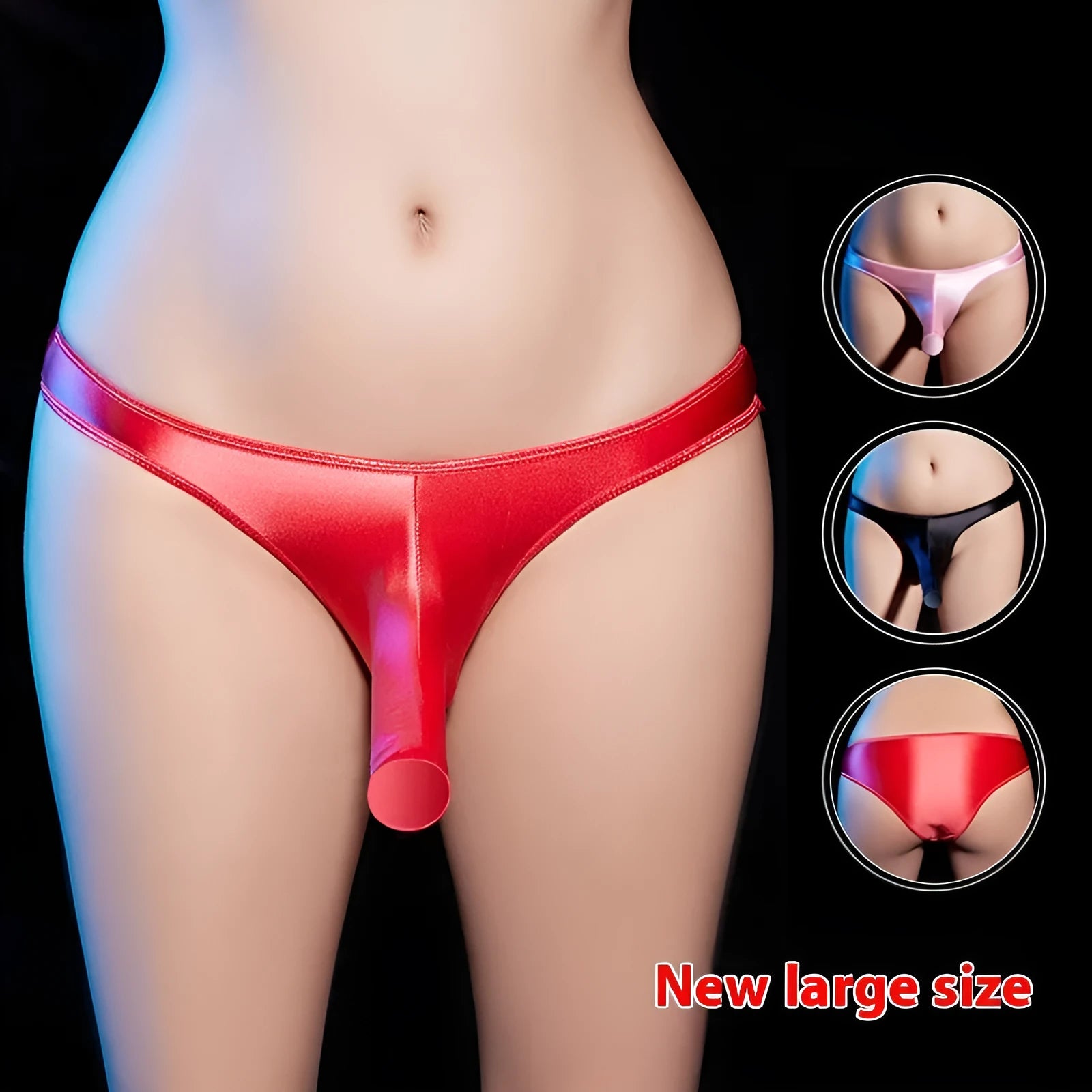 Men's shiny nylon T-back underwear in black on a white background, showing low waist design.