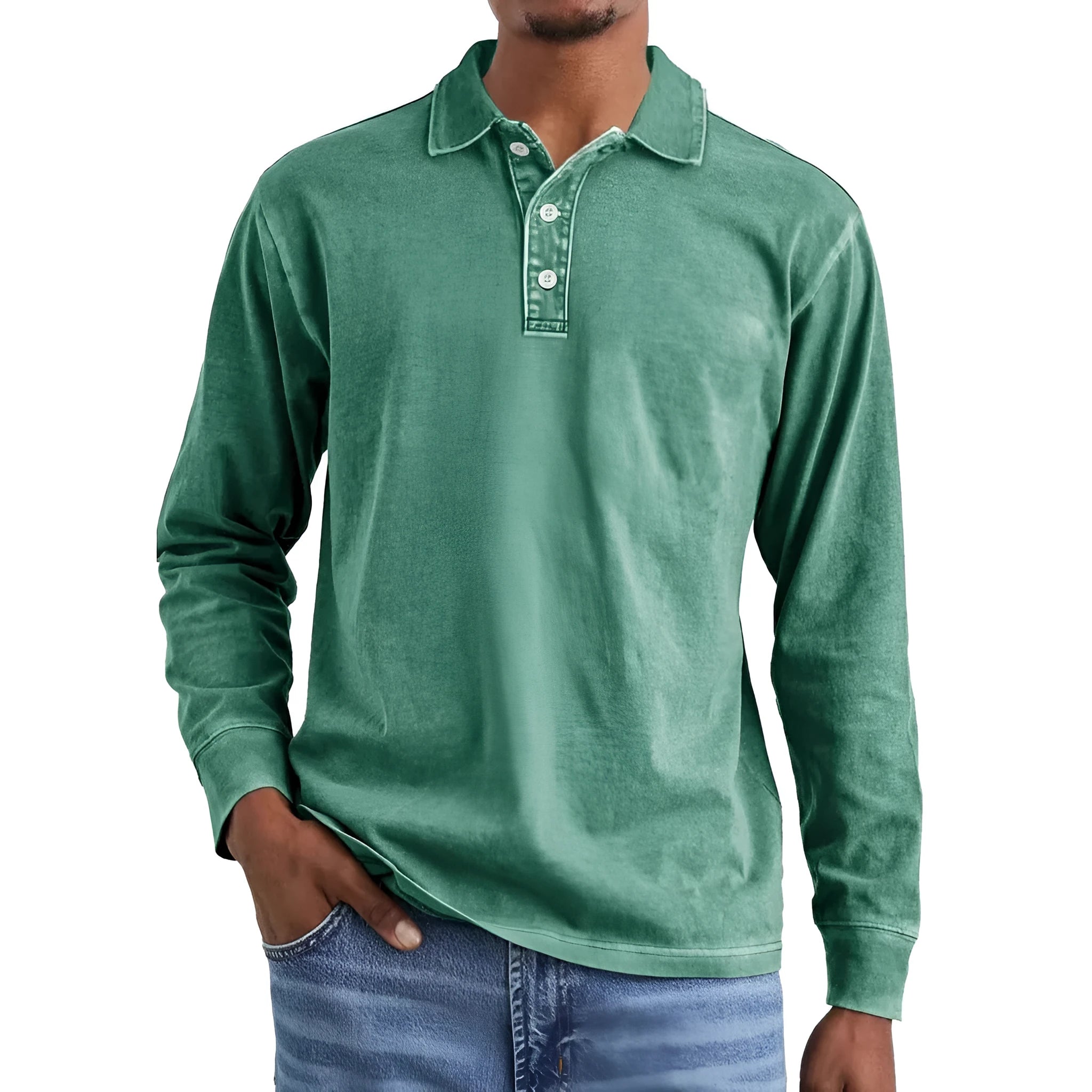 Men's retro washed distressed cotton long sleeve polo shirt with a pointed lapel collar