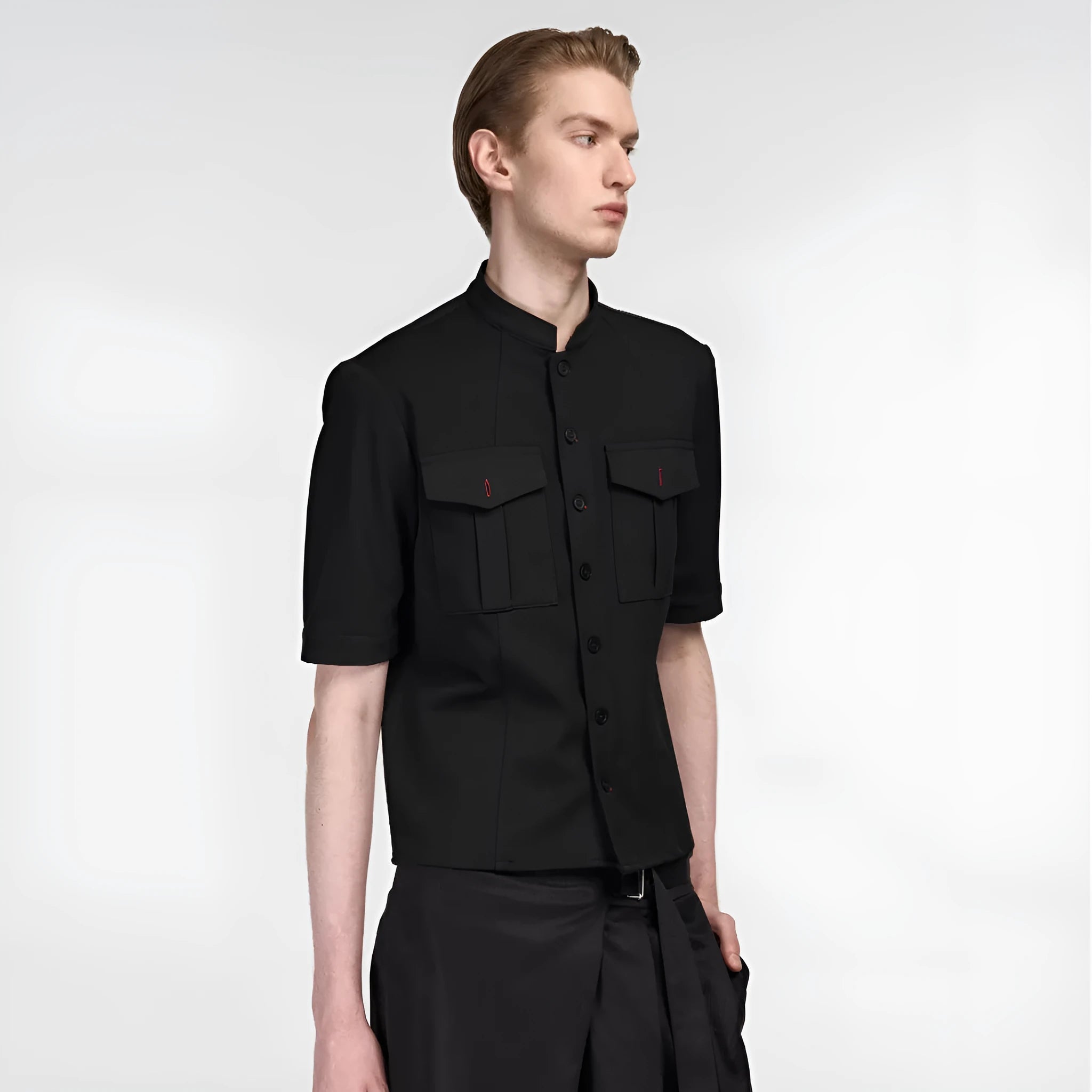 Black handmade loose fit half sleeve hunting shirt with a shirt collar.