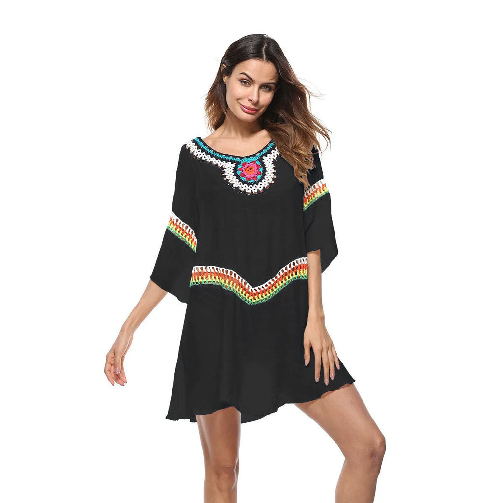 Crocheted ethnic style beach sun protection cover-up for women in acrylic fabric