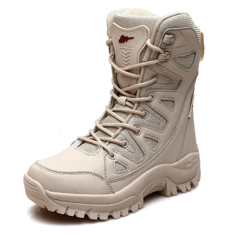 Cowhide leather hi-top hiking platform sneaker in beige colour on a neutral background