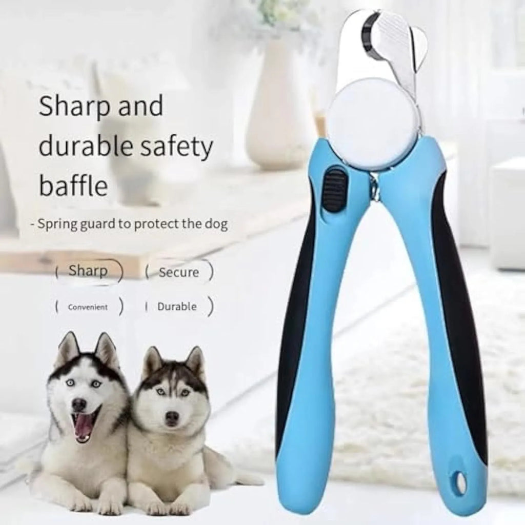 Blue heavy-duty dog nail clippers with a safety guard for large breeds and thick nails.