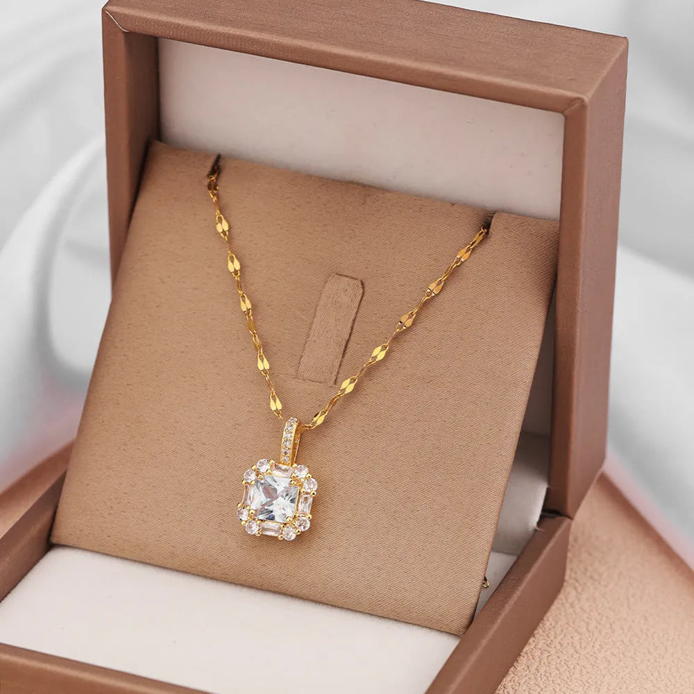 Women's titanium steel clavicle chain with quadrilateral geometric pendant featuring mixed gem inlaid detailing on water wave chain
